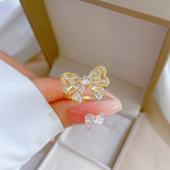 3/$35 Gold Plated Bow Knot Ring with Cubic Zirconia Crystal Adjustable Dainty - Picture 4 of 7